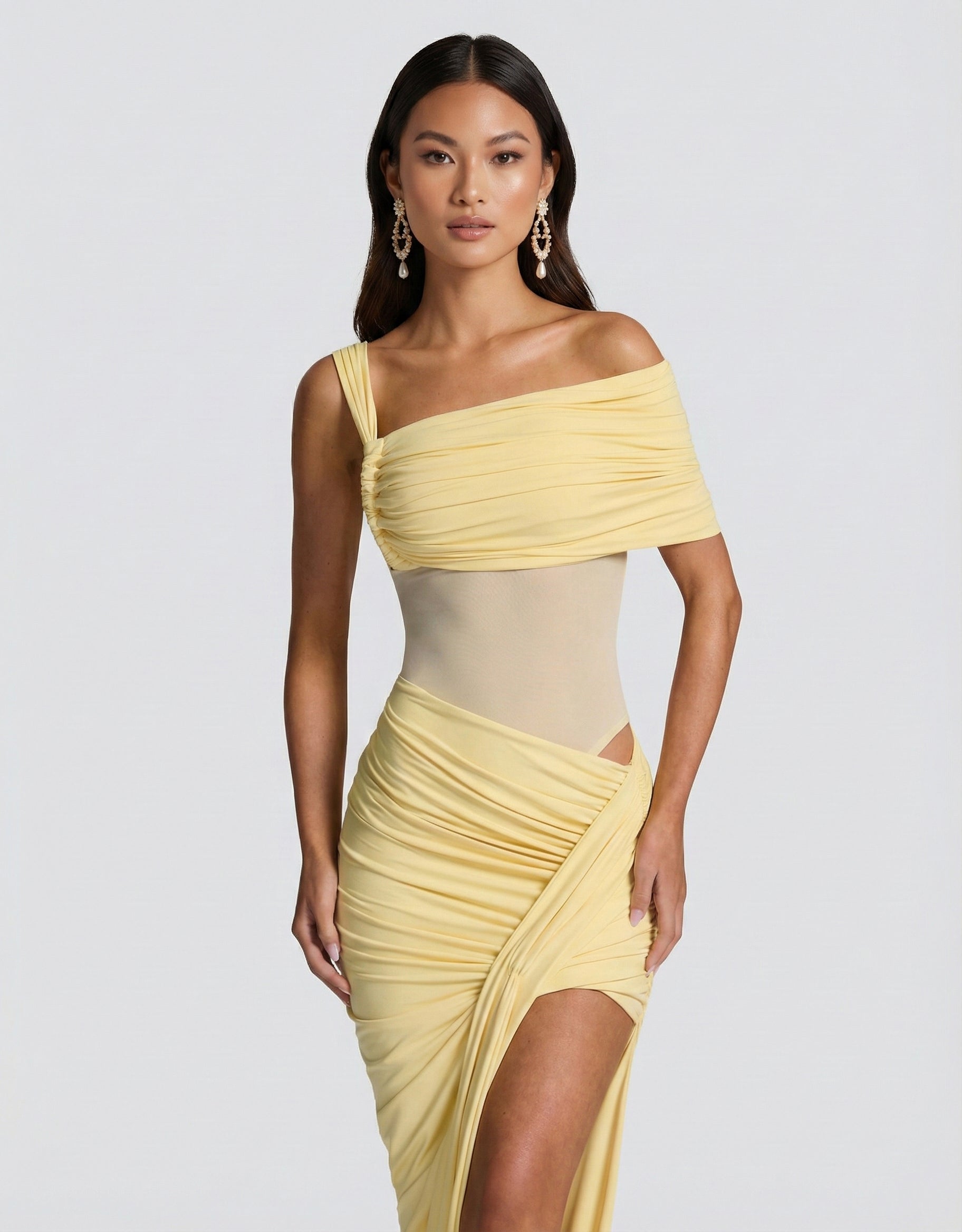Women's Yellow Bodysuit Asymmetric Bardot Style with Ruched Bust