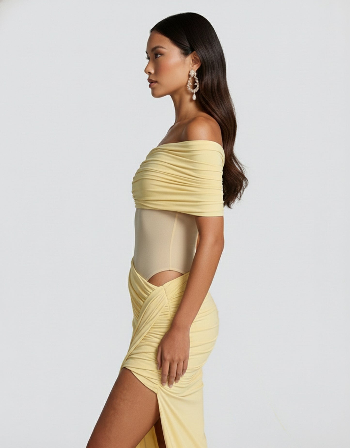 Women's Yellow Bodysuit Asymmetric Bardot Style with Ruched Bust