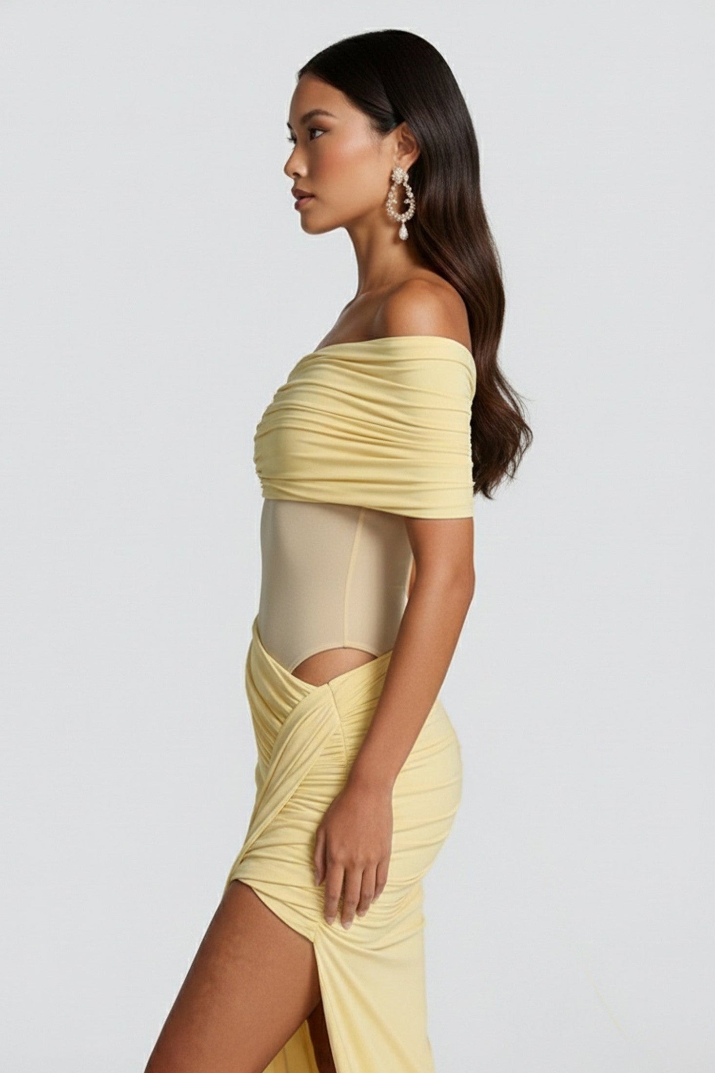 Women's Yellow Bodysuit Asymmetric Bardot Style with Ruched Bust