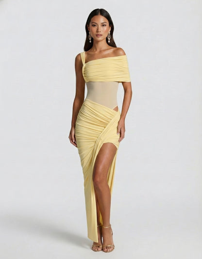 Women's Yellow Bodysuit Asymmetric Bardot Style with Ruched Bust
