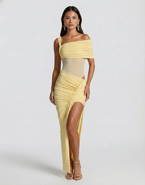 Women's Yellow Bodysuit Asymmetric Bardot Style with Ruched Bust