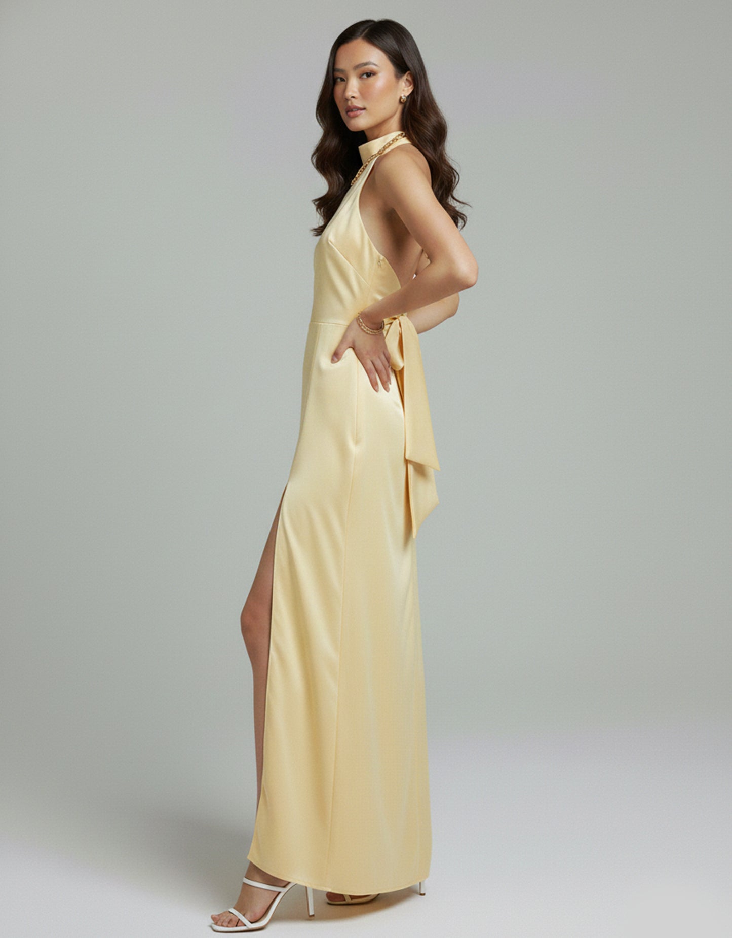 Women's Yellow Maxi Dress Backless with High Neck Tie