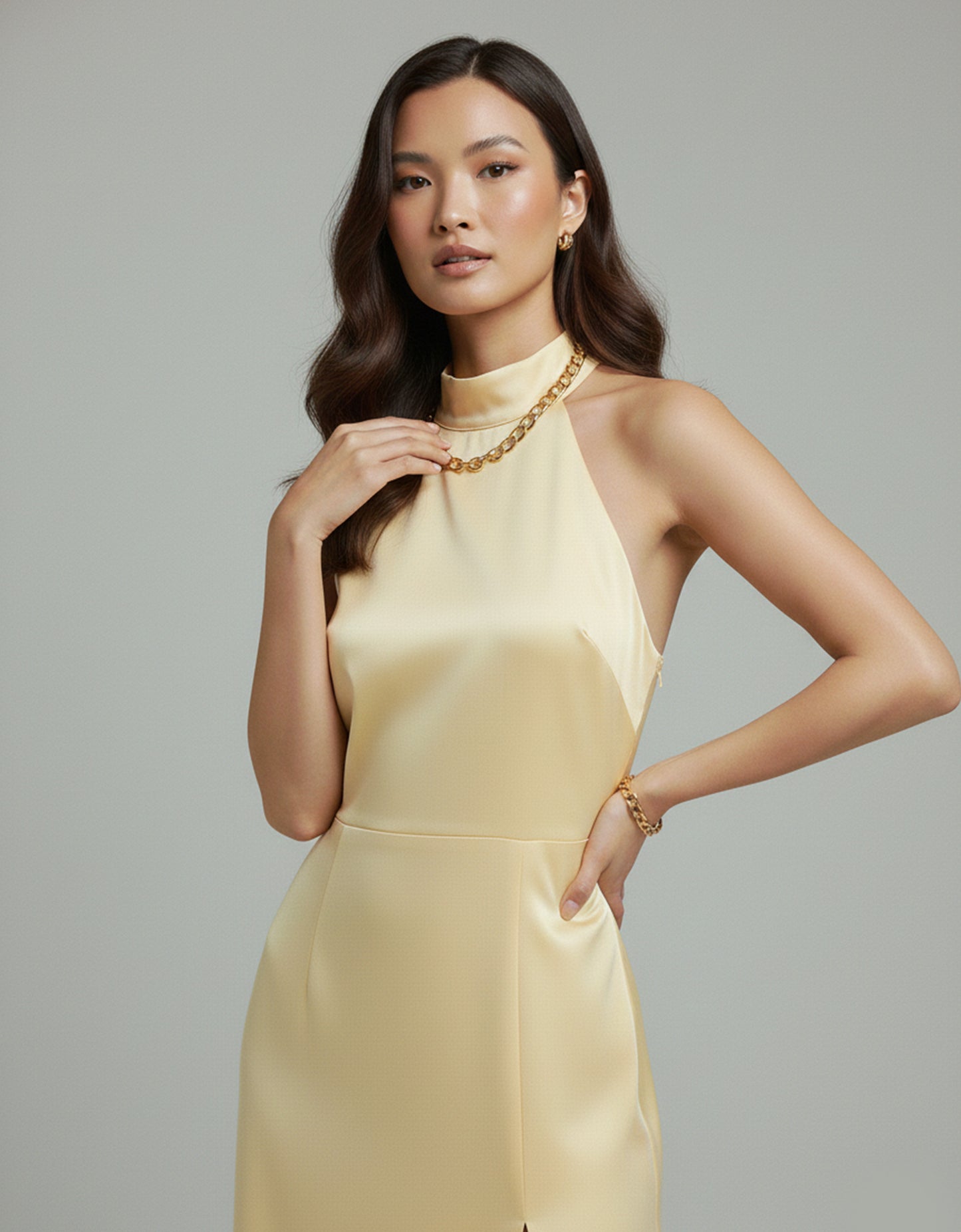 Women's Yellow Maxi Dress Backless with High Neck Tie