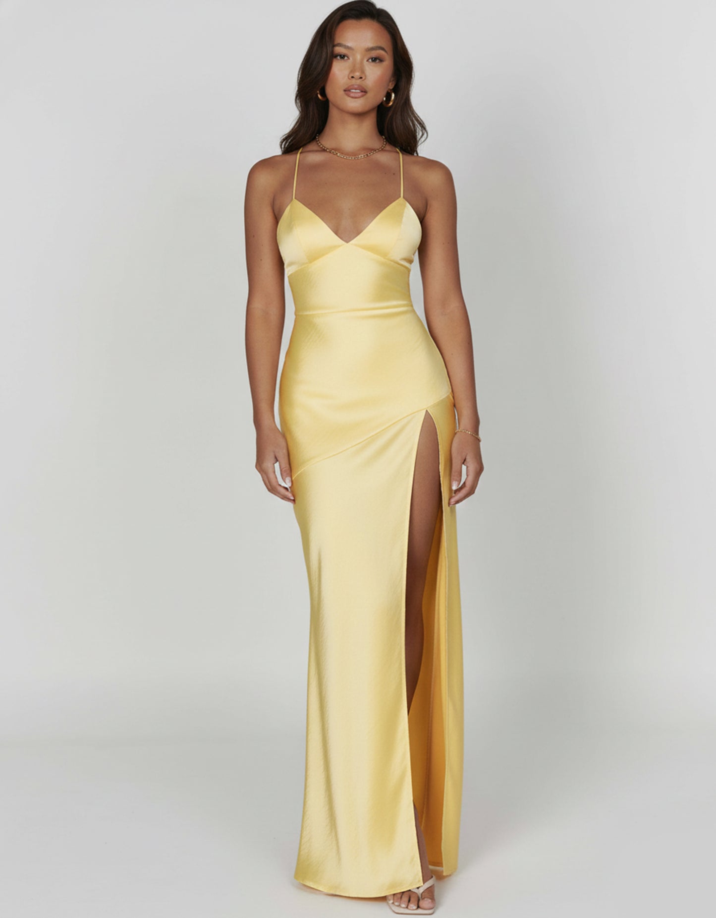 Women's Yellow Maxi Dress Plunge Neck with Thigh-High Split