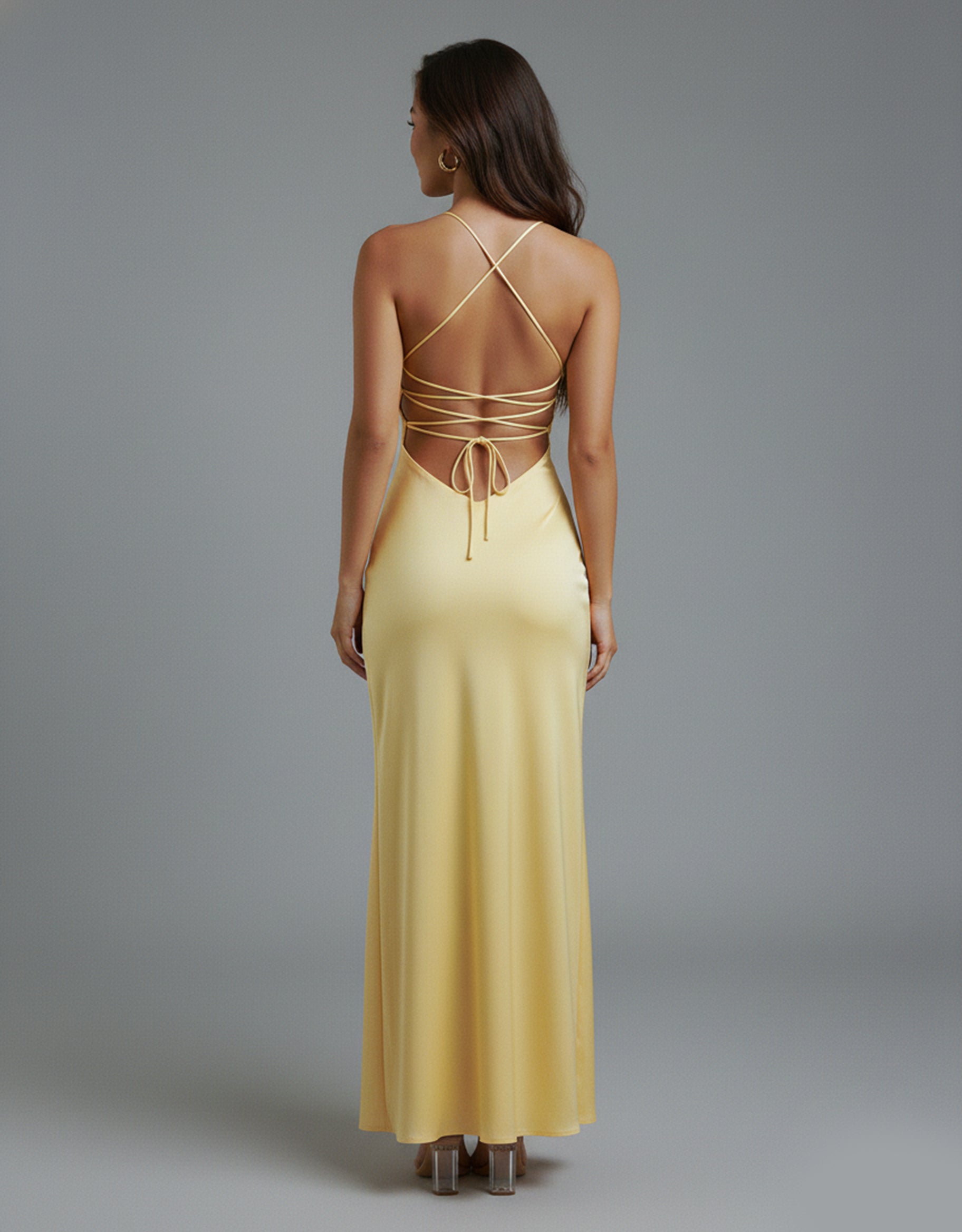 Women's Yellow Maxi Dress Plunge Neck with Thigh-High Split