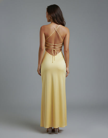 Women's Yellow Maxi Dress Plunge Neck with Thigh-High Split