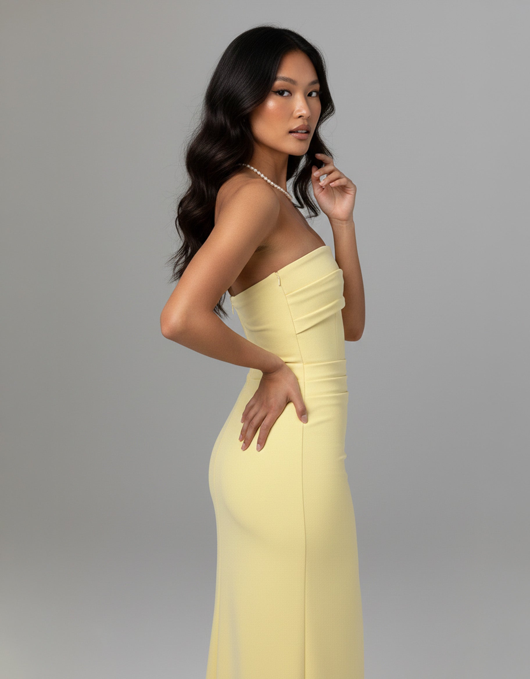 Women's Yellow Maxi Dress Strapless with Thigh High Split