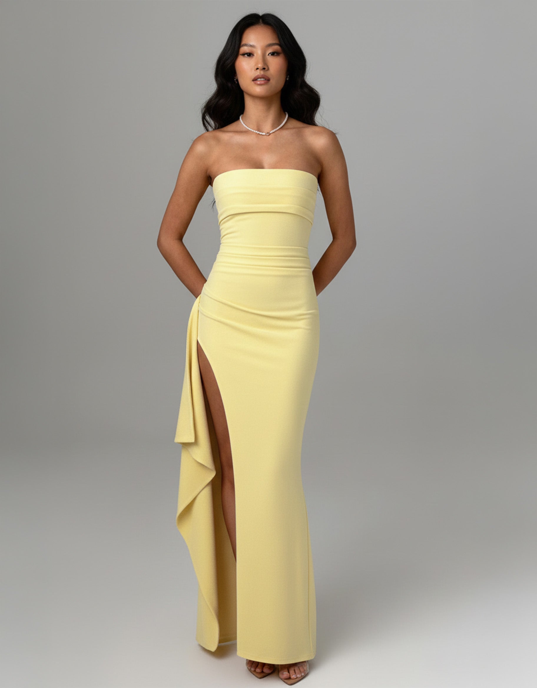 Women's Yellow Maxi Dress Strapless with Thigh High Split