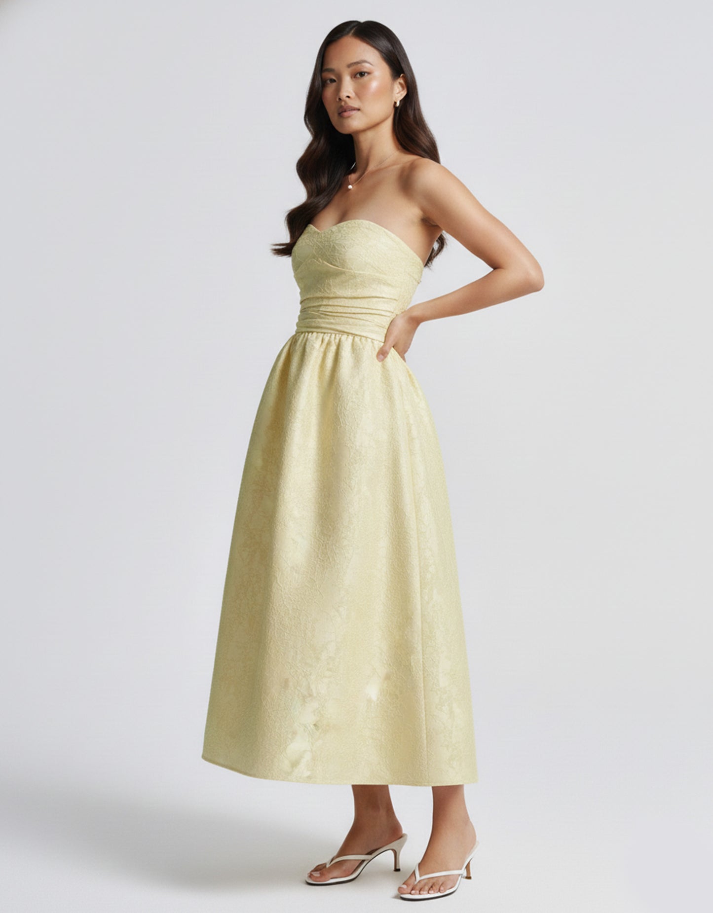 Women's Yellow Midi Dress Floral Jacquard Style