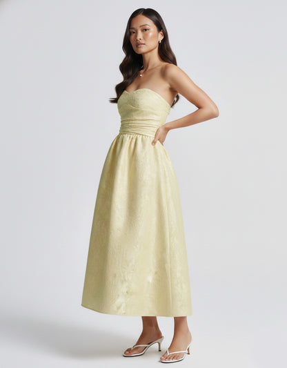 Women's Yellow Midi Dress Floral Jacquard Style