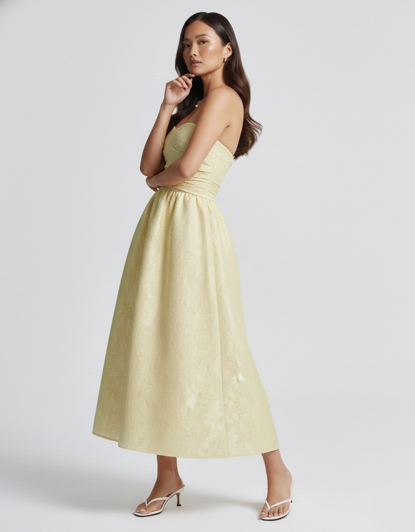 Women's Yellow Midi Dress Floral Jacquard Style