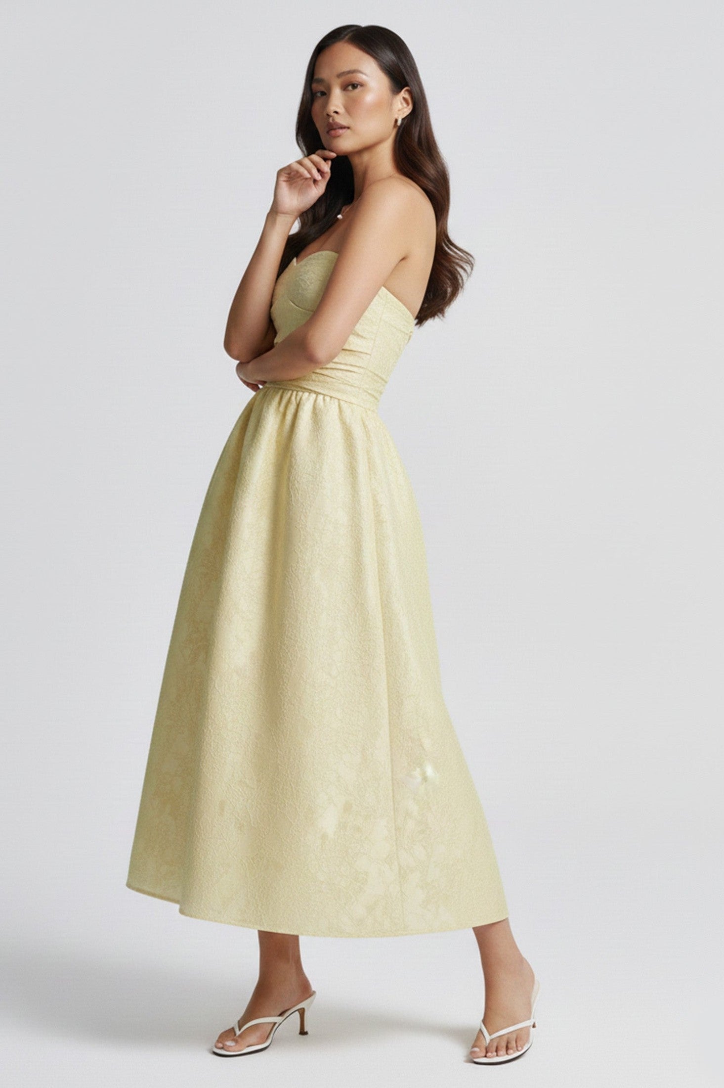Women's Yellow Midi Dress Floral Jacquard Style