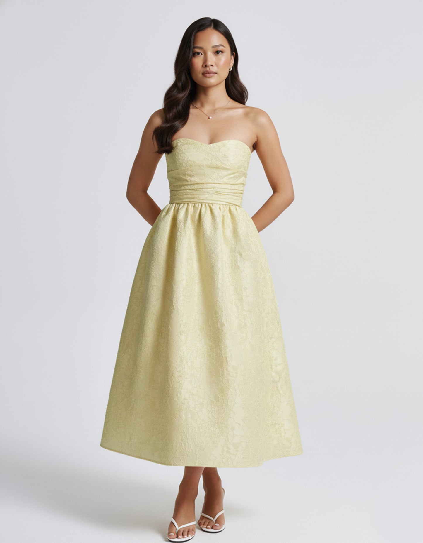 Women's Yellow Midi Dress Floral Jacquard Style