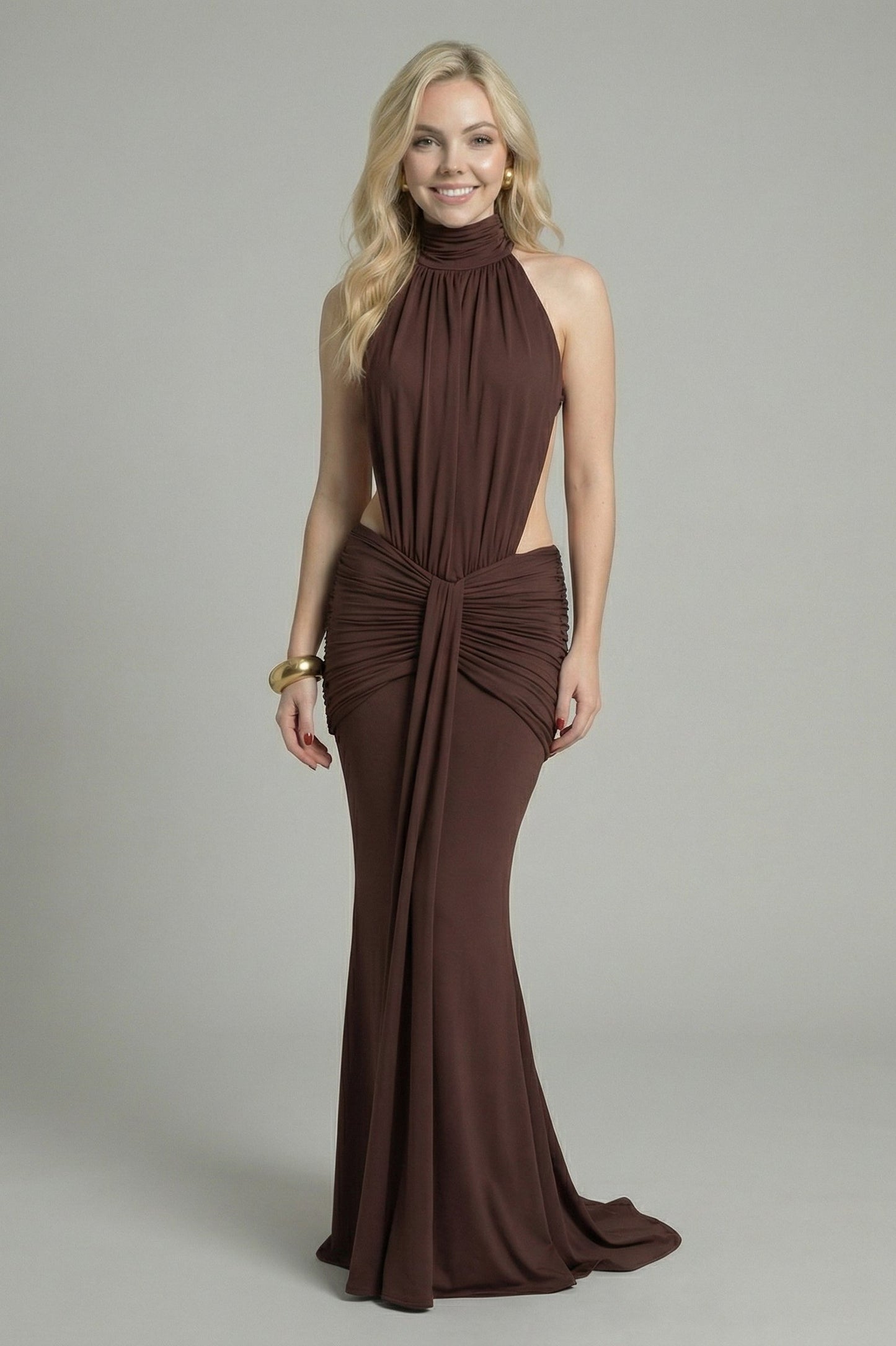 Women's Maxi Dress Mermaid Style with High Neck Chocolate Brown