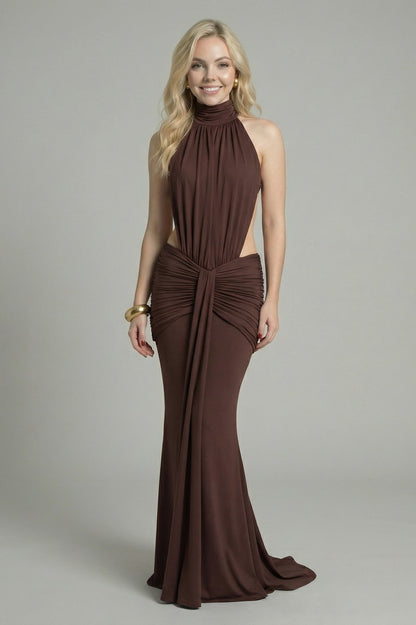 Women's Maxi Dress Mermaid Style with High Neck Chocolate Brown