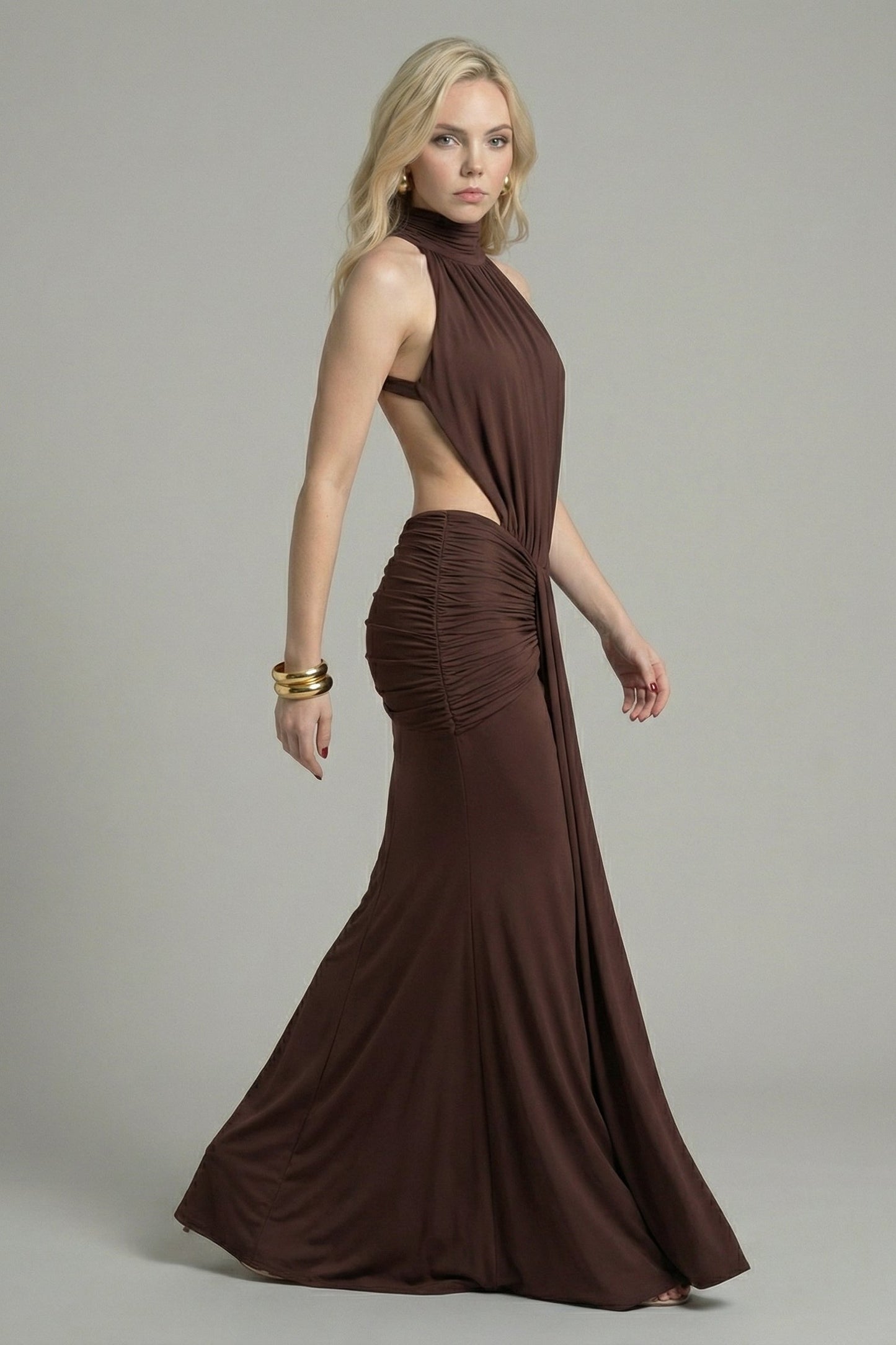Women's Maxi Dress Mermaid Style with High Neck Chocolate Brown