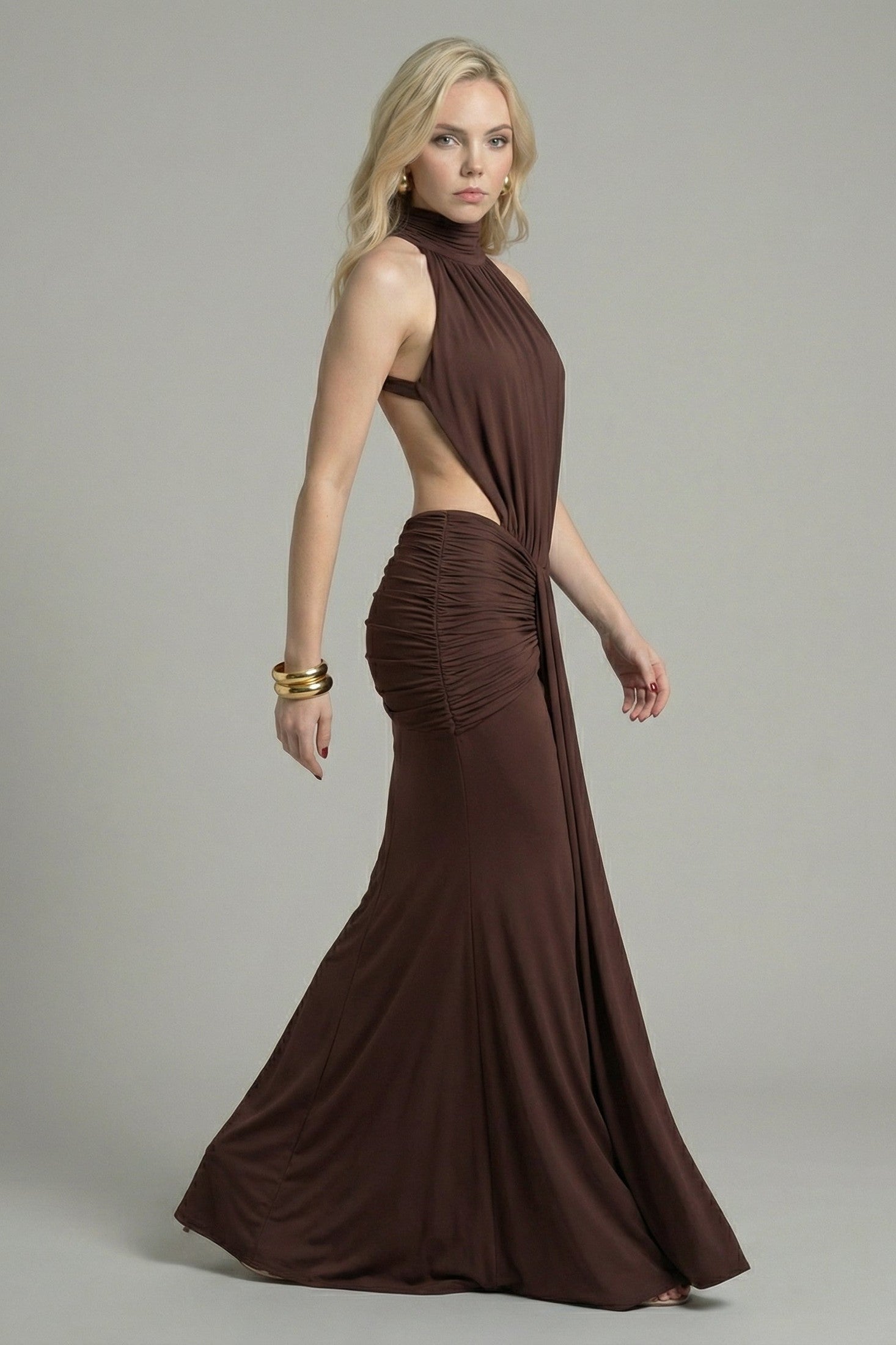 Women's Maxi Dress Mermaid Style with High Neck Chocolate Brown