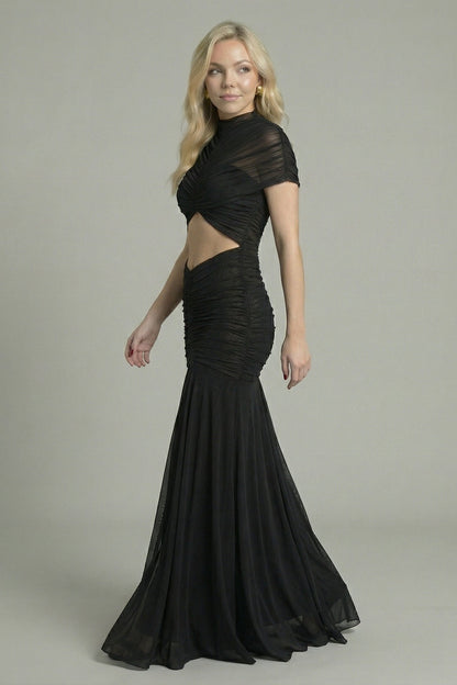 Women's Maxi Dress High Neck Cape Overlay Black