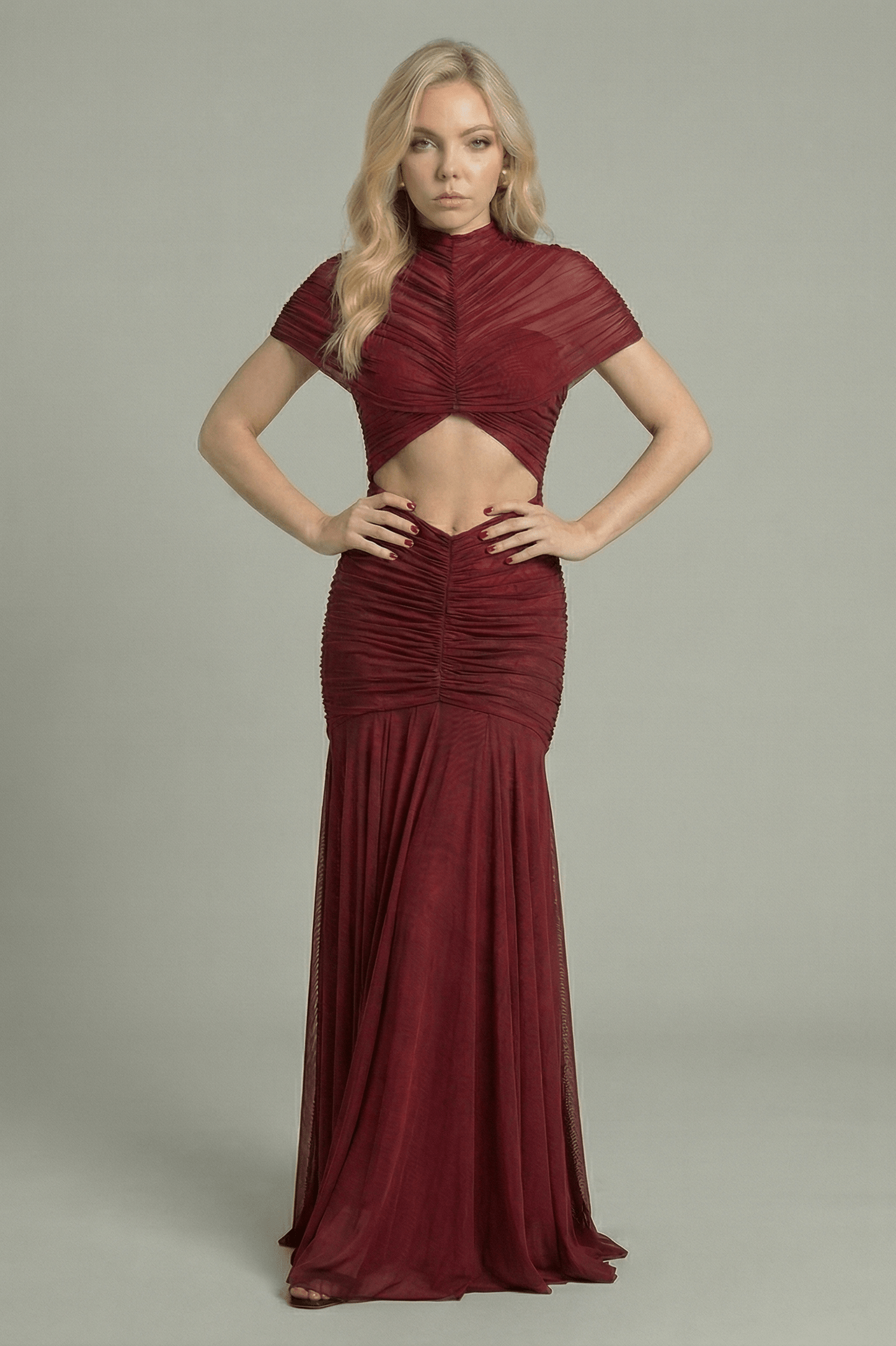 Women's Maxi Dress with Sheer Cape Overlay Maroon