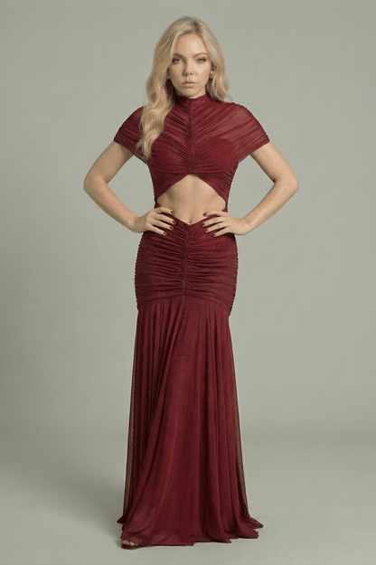 Women's Maxi Dress with Sheer Cape Overlay Maroon