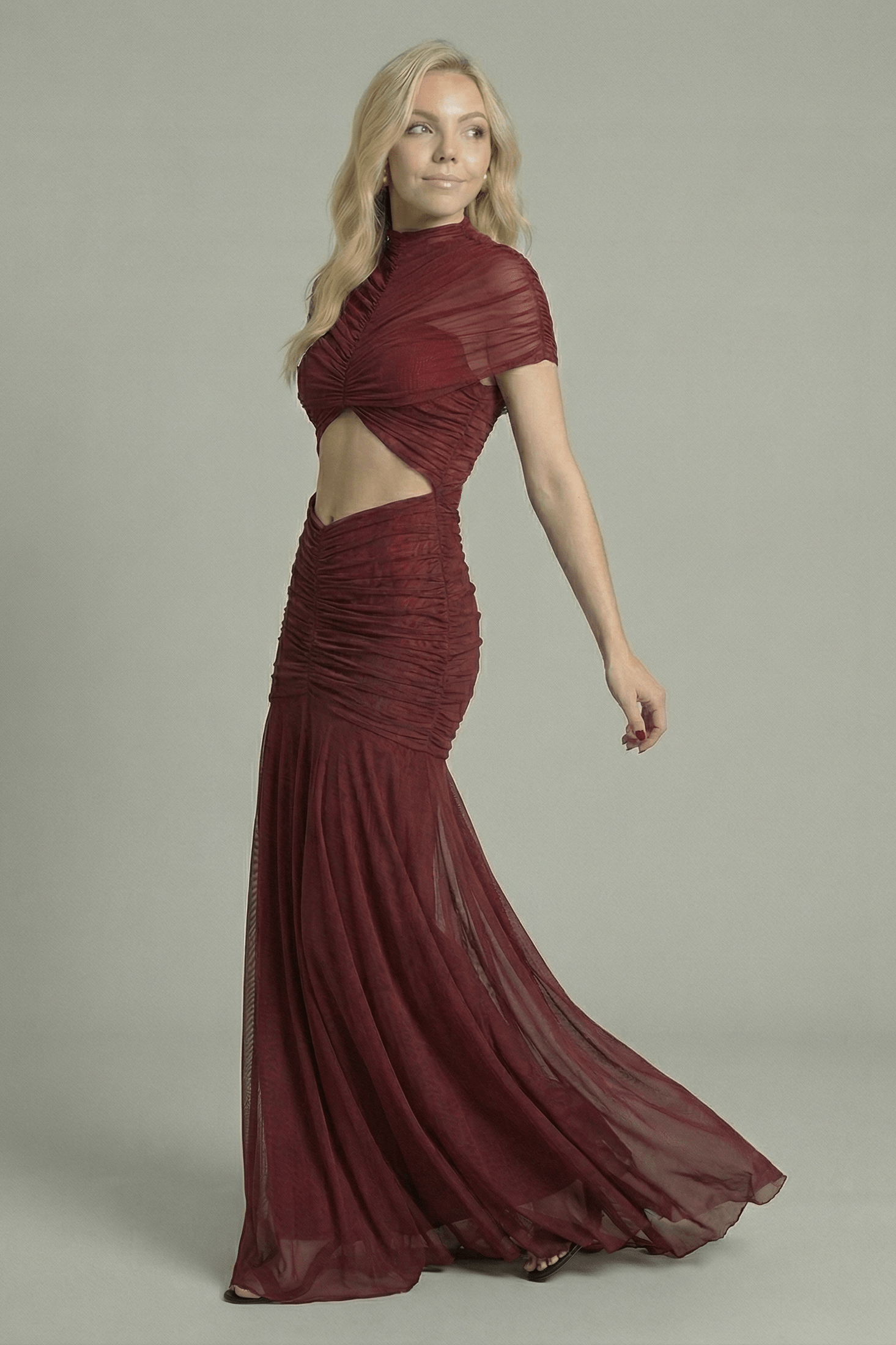 Women's Maxi Dress with Sheer Cape Overlay Maroon