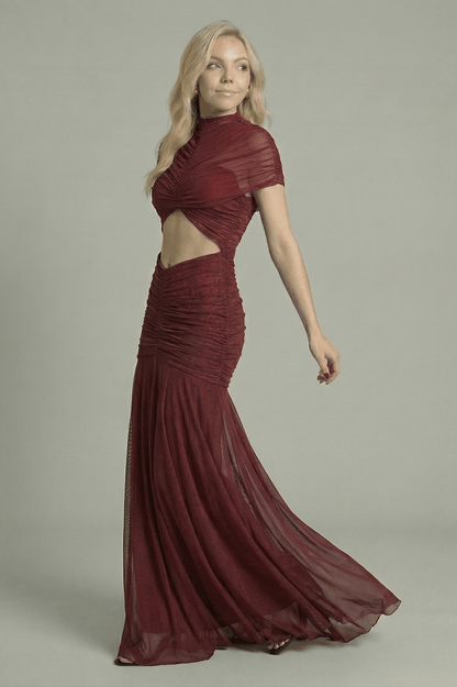 Women's Maxi Dress with Sheer Cape Overlay Maroon