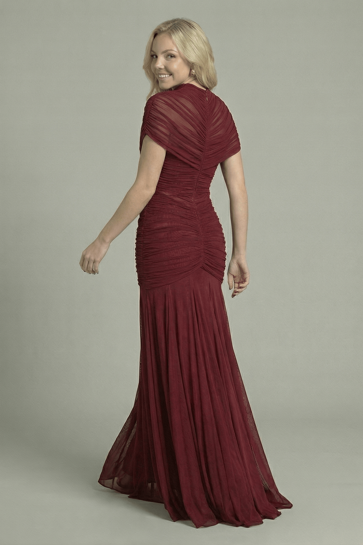 Women's Maxi Dress with Sheer Cape Overlay Maroon