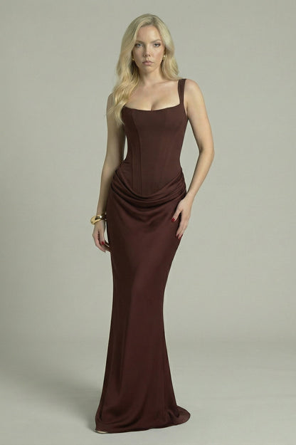 Women's Maxi Dress Structured Design Dark Brown