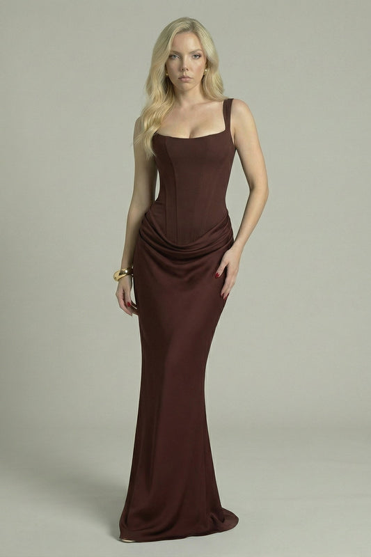 Women's Maxi Dress Structured Design Dark Brown
