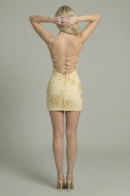 Women's Mini Dress Bodycon with Floral Appliqué Gold