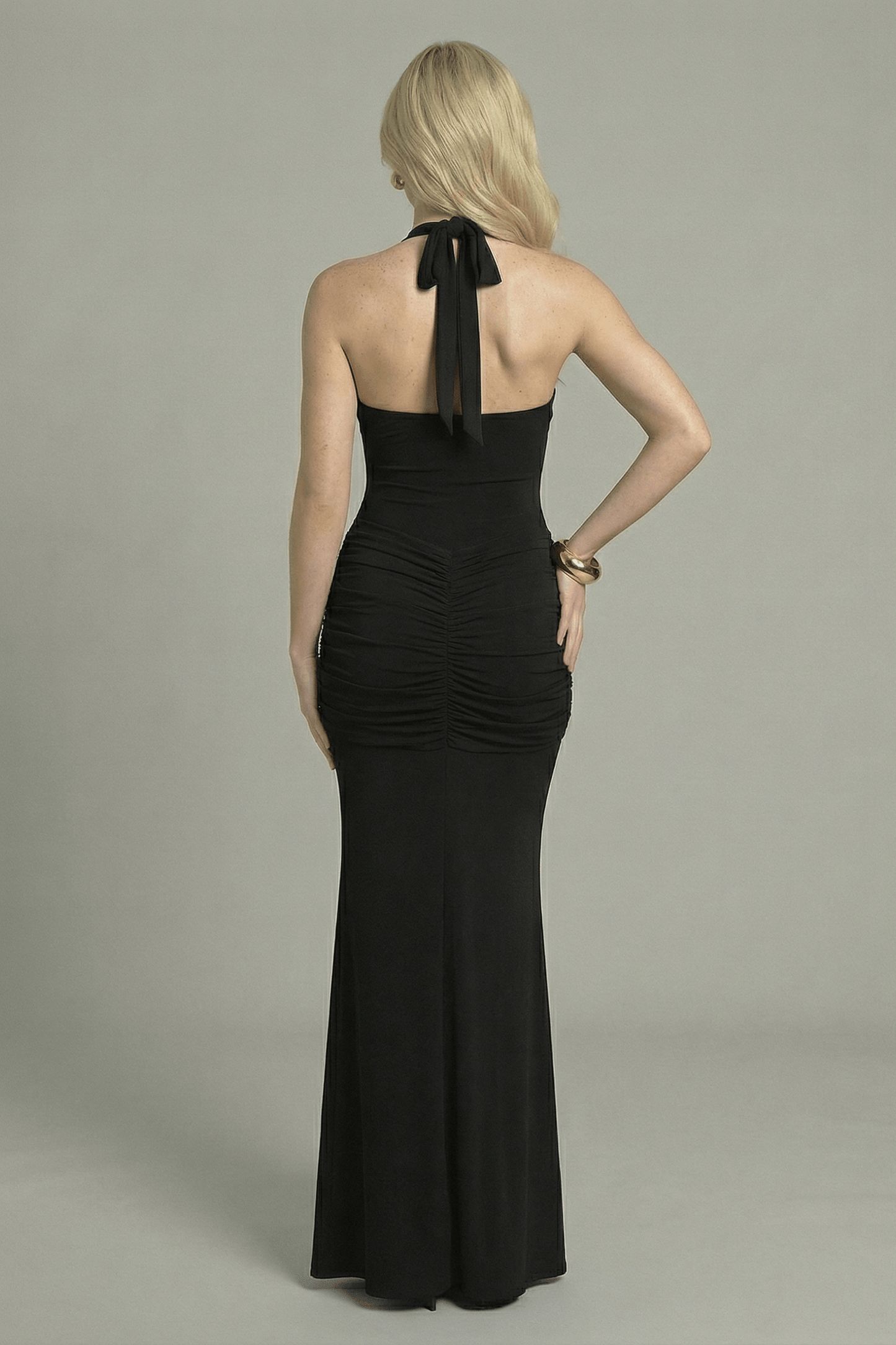 Women's Maxi Dress Halter Neck with Ruched Detail Black