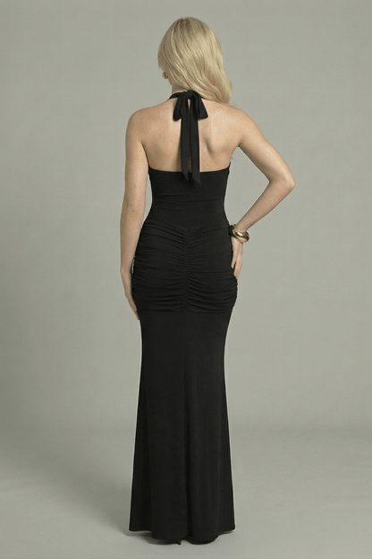 Women's Maxi Dress Halter Neck with Ruched Detail Black