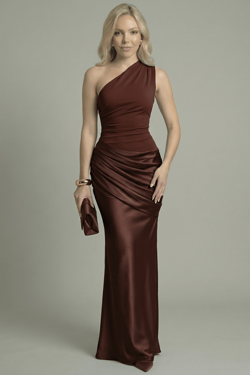 Women's Maxi Dress One-Shoulder Asymmetric Style Brown