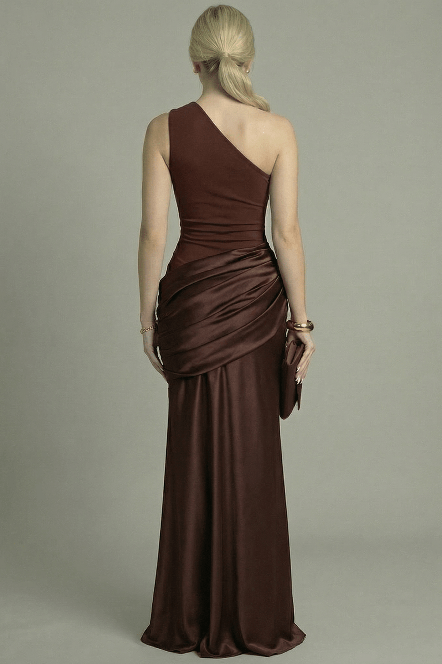 Women's Maxi Dress One-Shoulder Asymmetric Style Brown
