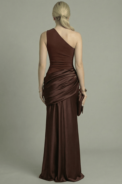 Women's Maxi Dress One-Shoulder Asymmetric Style Brown