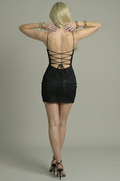 Women's Mini Dress Bodycon with Lace-Up Back Black