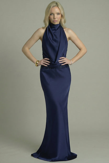 Women's Maxi Dress High Neckline Draped Navy