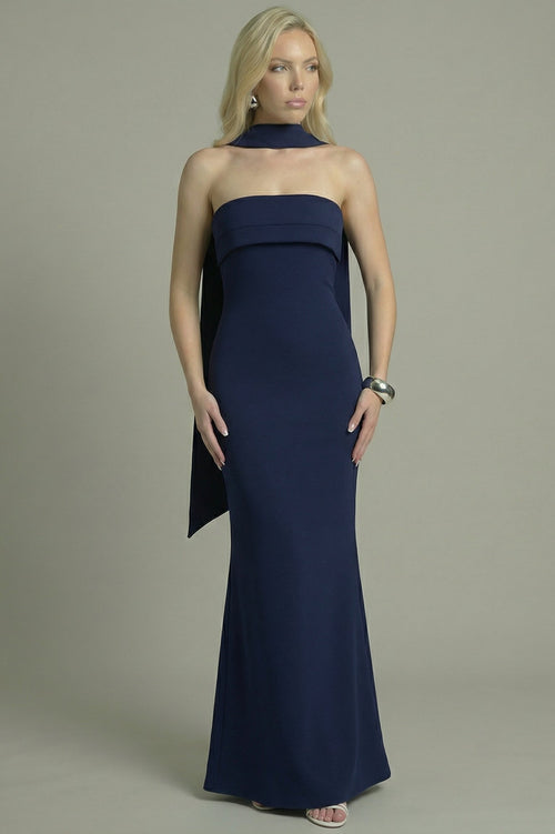 Women's Maxi Dress Strapless Fit-and-Flare Navy