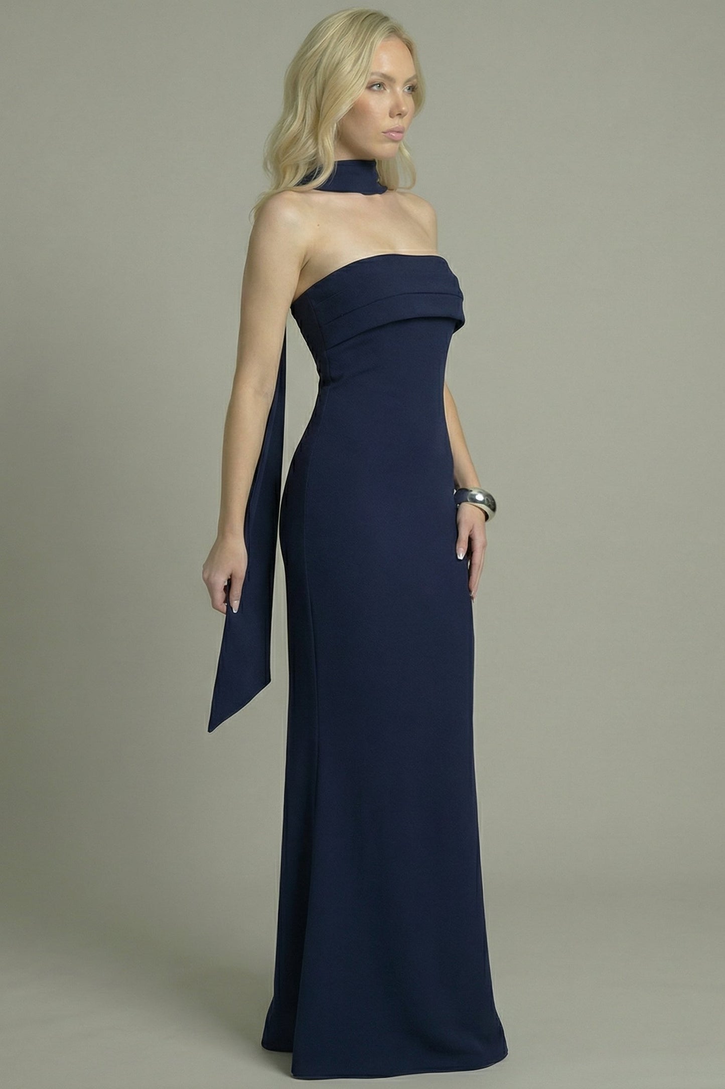 Women's Maxi Dress Strapless Fit-and-Flare Navy