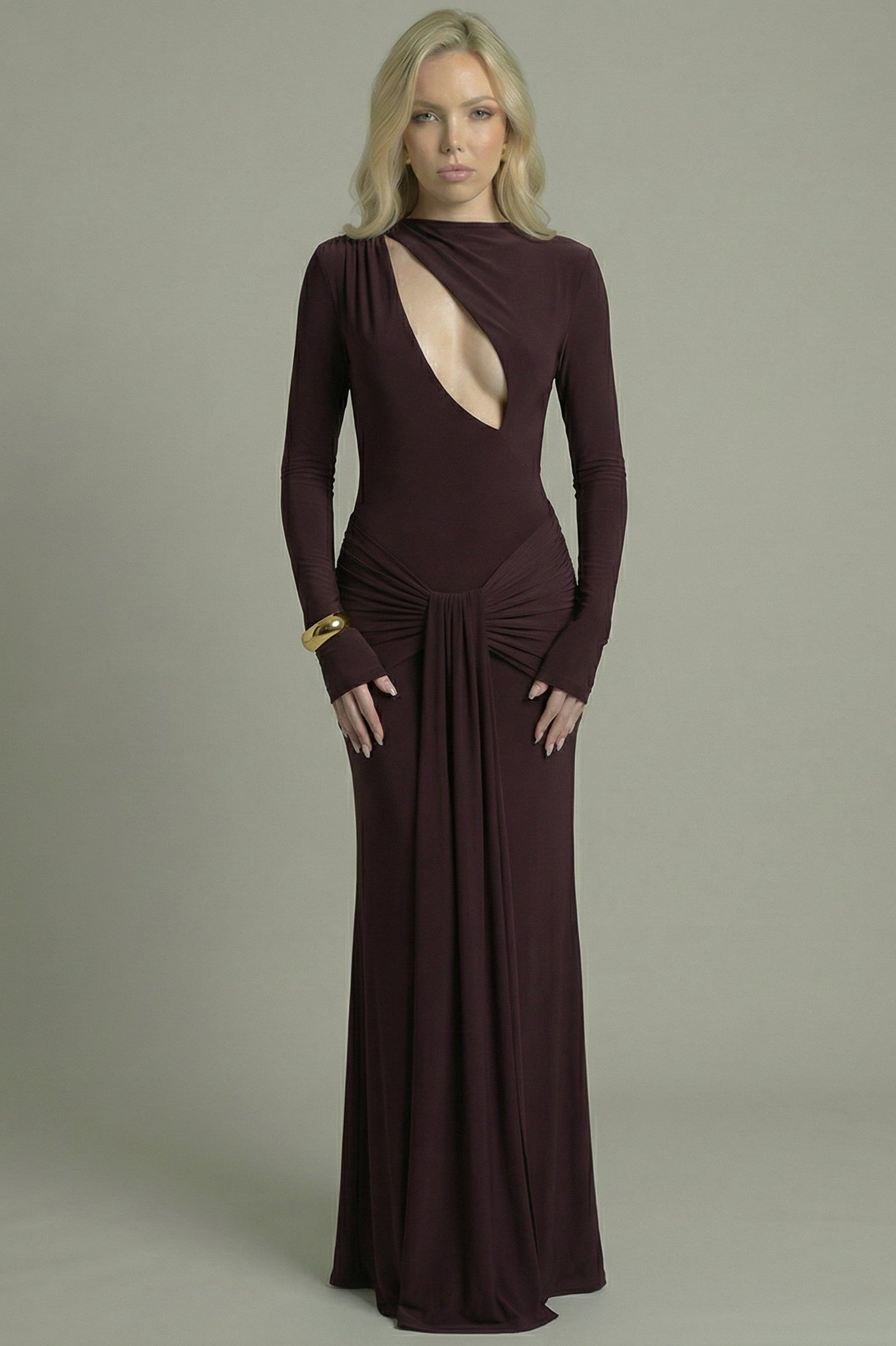Women's Maxi Dress Long Sleeve with Cut-Out Detail Brown