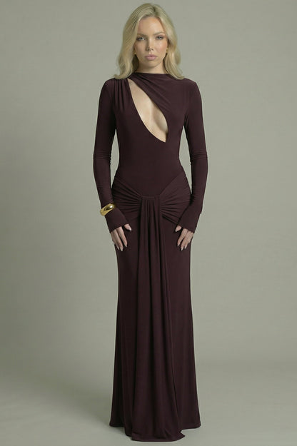 Women's Maxi Dress Long Sleeve with Cut-Out Detail Brown
