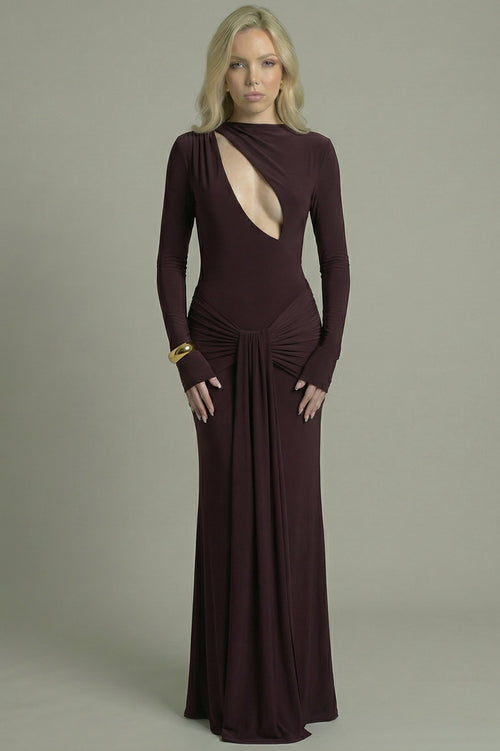 Women's Maxi Dress Long Sleeve with Cut-Out Detail Brown