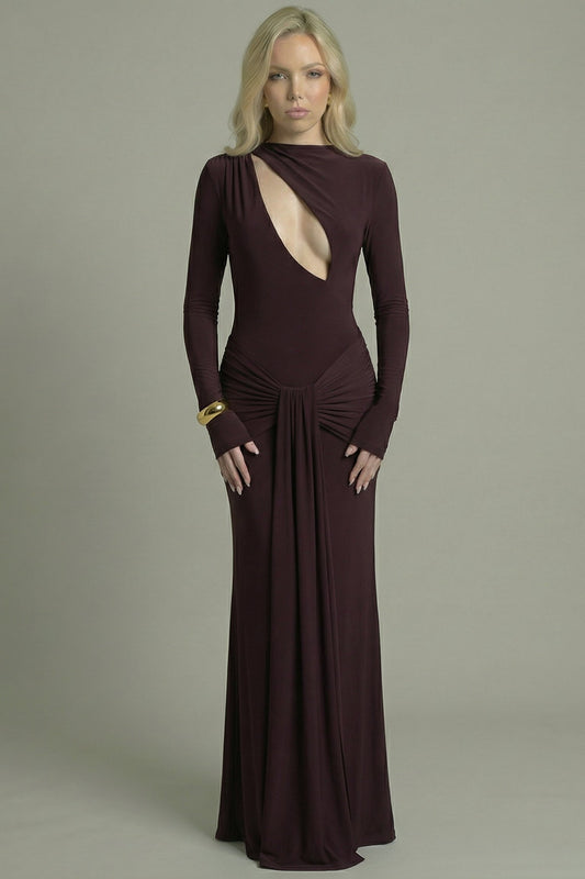 Women's Maxi Dress Long Sleeve with Cut-Out Detail Brown