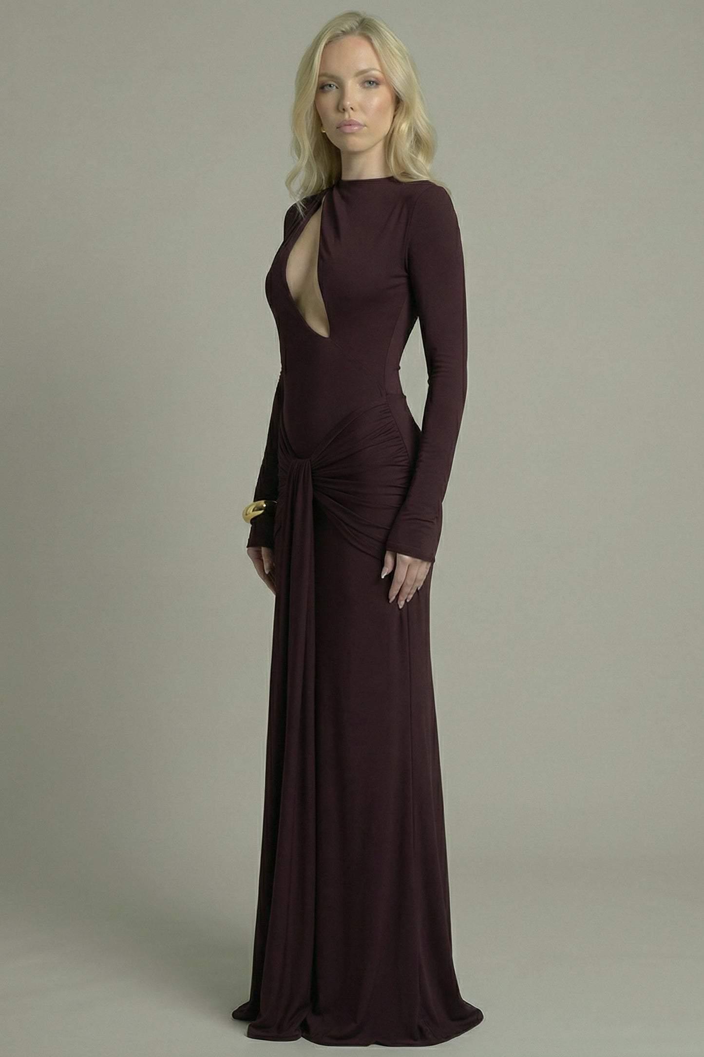 Women's Maxi Dress Long Sleeve with Cut-Out Detail Brown